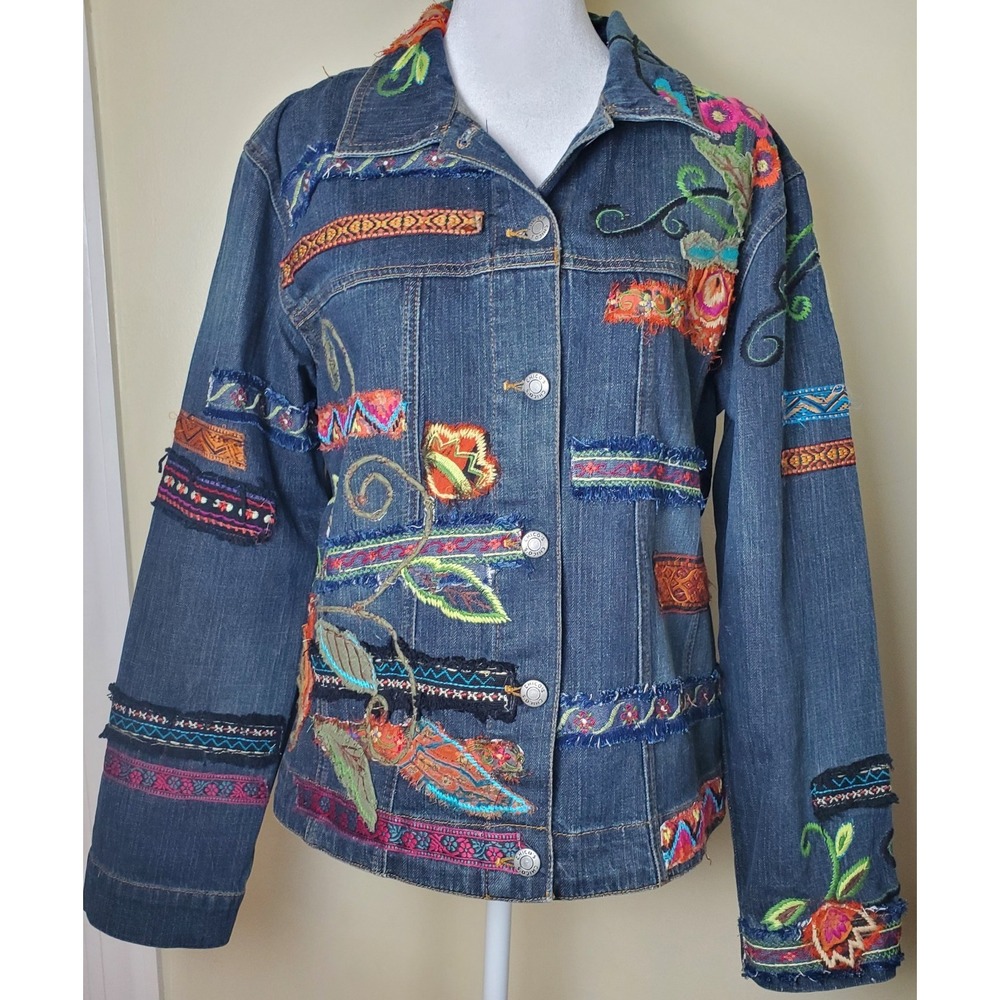 Chico's Embroidered Denim Jean Jacket Floral‎ Boho Hippie Festival Indie Phoebe